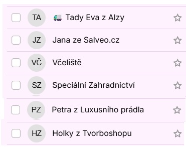 Ukázka odesílatelů z e-mailové schránky