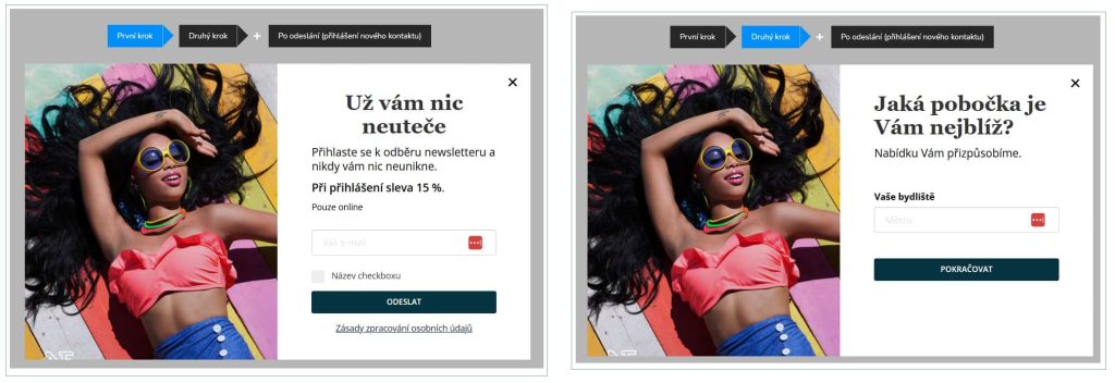 Ukázka dvoukrokového pop-up okna v Ecomailu