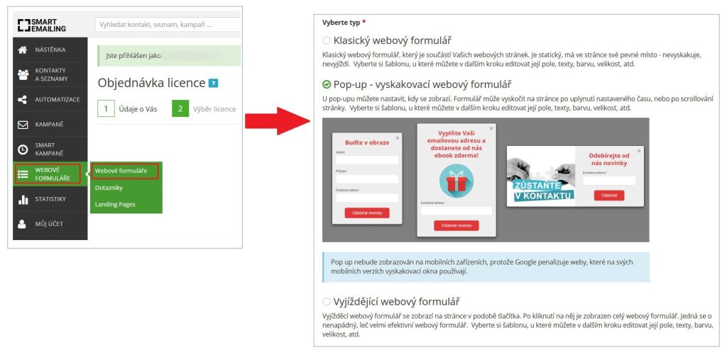 Ukázka z nástroje SmartEmailing, jak v něm vytvořit pop-up