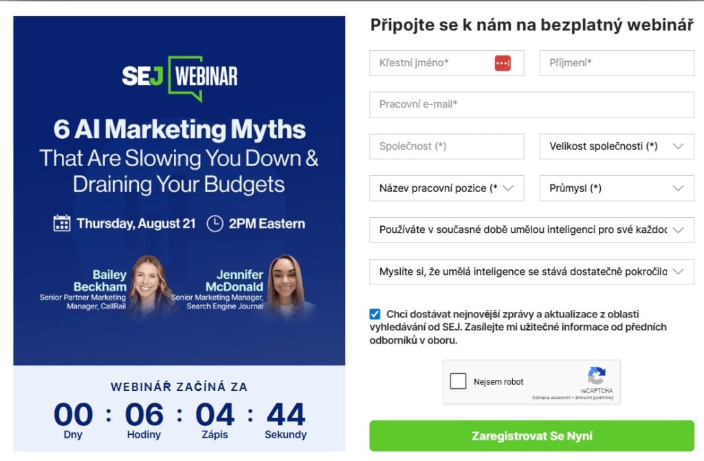 Ukázka pop-up okna, které zve na webinář