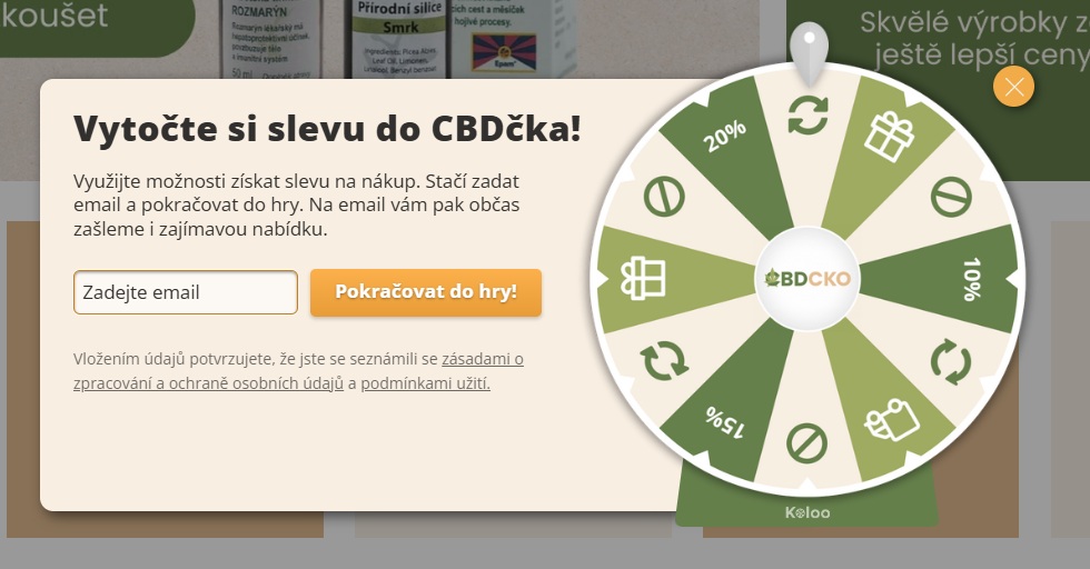 Ukázka pop-up okna s kolem štěstí