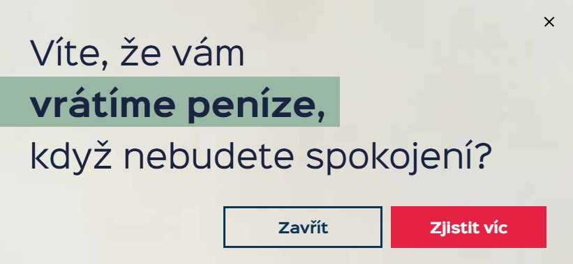 Ukázka pop-up okna, které informuje o garanci vrácení peněz