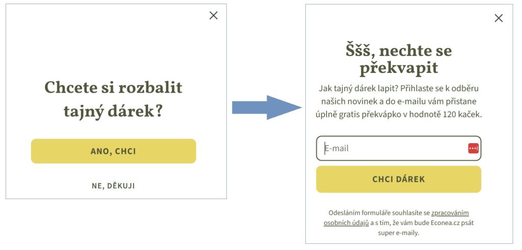 Ukázka navazujících pop-upů od Econea