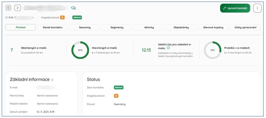 Ukázka karty kontaktu v novém rozhraní