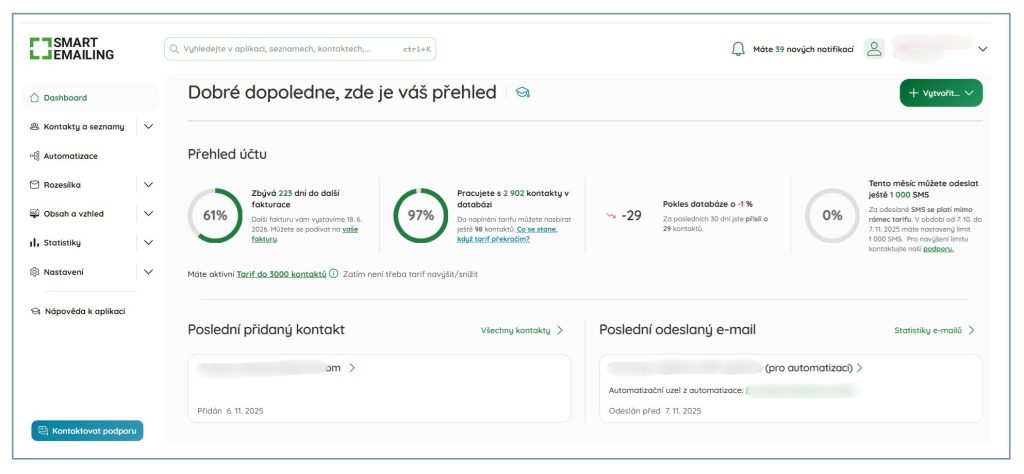 Ukázka nástěnky z nové verze SmartEmailingu