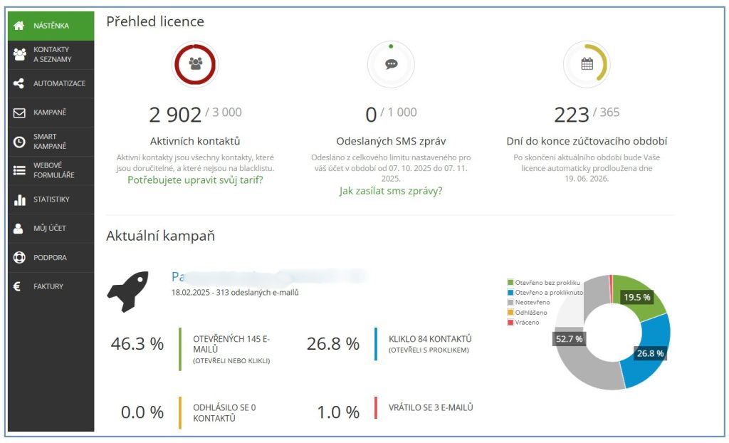 Ukázka nástěnky ve staré verzi SmartEmailingu