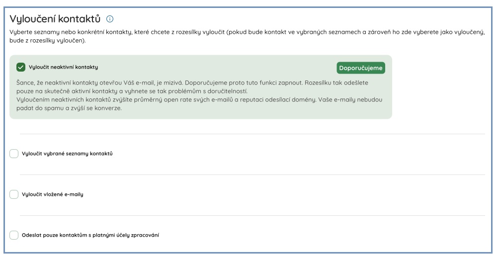 Ukázka ze Smartemailingu, jak lze vyloučit kontakty